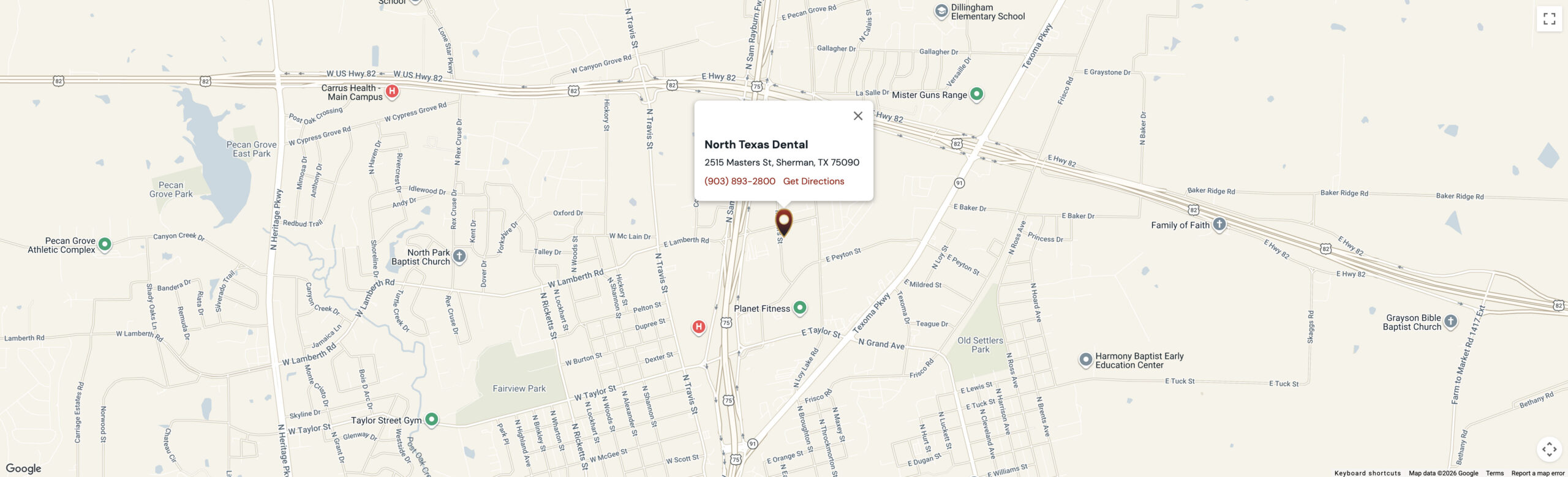 Map showing North Texas Dental at 2515 Masters St, Sherman, TX 75090